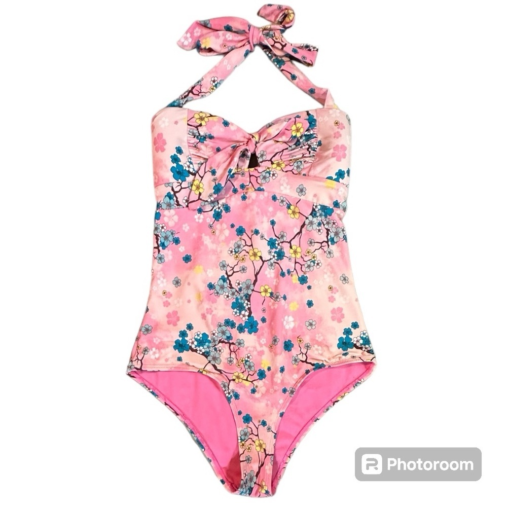 Midnight Hour 1 piece pink floral swimsuit corset style back Women’s sz SM |bb1